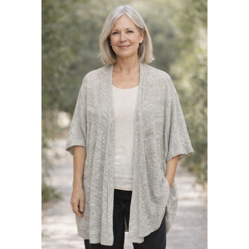 Eileen Fisher Open Knit Cardigan Sweater L Linen Dolman Sleeve‎ Flowy Luxury